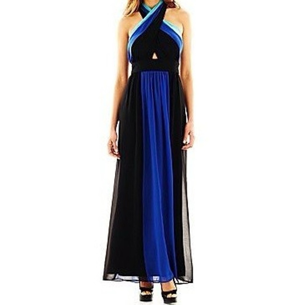 Black and Blue Bisou Bisou Halter Maxi Dress
